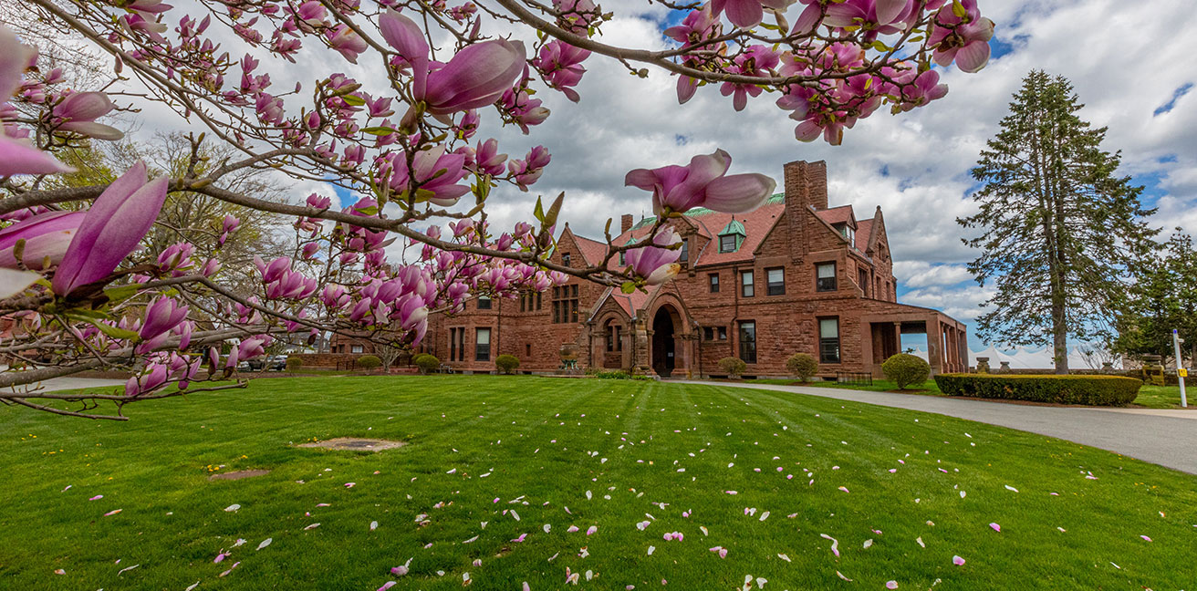 Spring tulips at the gates of Ochre Court at Salve Regina University.